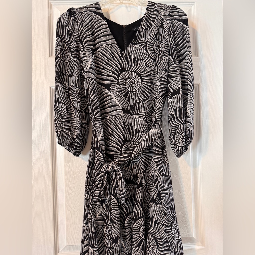 White House Black Market Black and Cream Floral Wrap Midi Dress - Picture 2 of 6